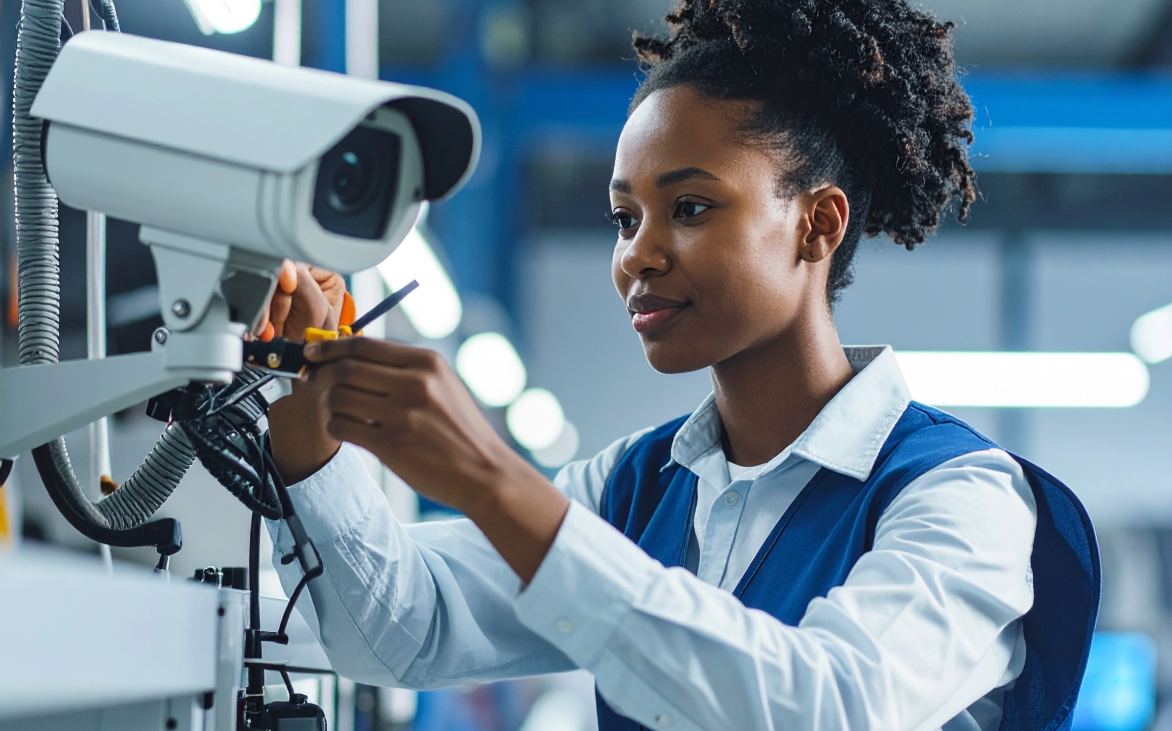 Technicien effectuant la maintenance d'une caméra de surveillance